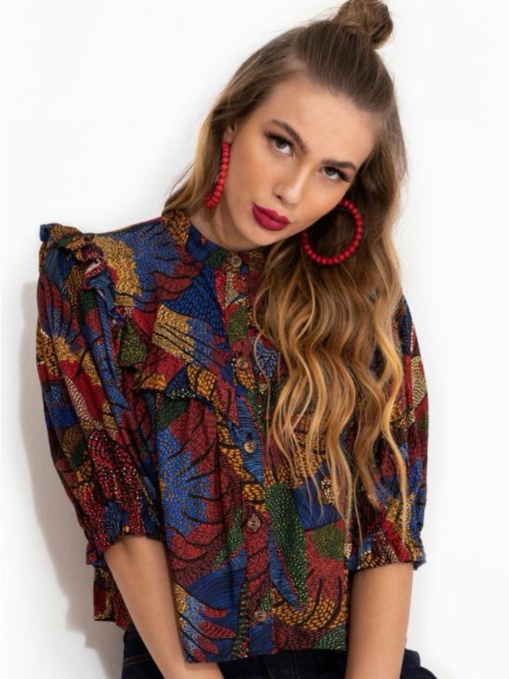 Women’s Multicolor Printed Ruffle-Front Blouse - Picture 4 of 4
